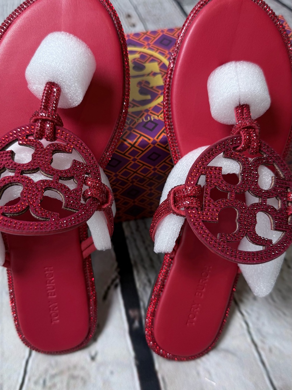 Tory Burch Pink Crystal Logo Thong Sandals